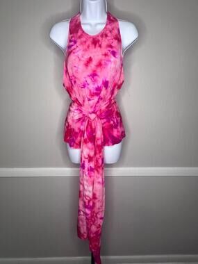 Trina Turk Blaze 100% Silk Pink Tie Dye Halter Tie Waist Top M NWT